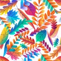 Vector seamless pattern with color gradients autumn leaves. Fantasy plants background. Fall cartoon illustration.