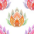 Vector seamless pattern with color tribal lotuses on white background. Mystical floral texture for fabric. Sacred colorful