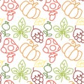 Vector seamless pattern of colored contours of autumn foliage, pumpkin, berries, fly agaric, cone in the style of