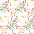 Vector seamless pattern of colored contours of autumn harvest foliage, apples, berries, mushrooms in the style of a