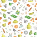 Vector seamless pattern of colored kitchen and baking tools