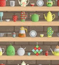 Vector seamless pattern of colored kitchen tools on shelves with brick background.