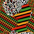 Vector seamless kwanzaa patch pattern with colored leopard print and geomerrical seamless pattern. Animal print. Cheetah african