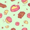 Vector seamless pattern of colored sketches chocolates. Sweet rolls, bars, glazed, comfit, cocoa beans. Royalty Free Stock Photo