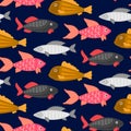 Vector Seamless Pattern With Colorful Abstract Fish. Undersea World. Aquarium. Wrapping Paper, Package, Wallpaper