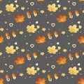 Vector seamless pattern with colorful autumn leaves and heart . Various red, orange and yellow leaves on light grey background. Mo