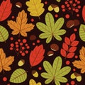 Vector seamless pattern of colorful autumn leaves over brown background. Royalty Free Stock Photo