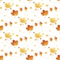 Vector seamless pattern with colorful autumn leaves, stars and heart . Various red, orange and yellow leaves on light grey backgro