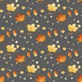 Vector seamless pattern with colorful autumn leaves, stars and heart . Various red, orange and yellow leaves on light