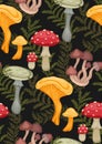 Vector seamless pattern with colorful cartoon poisonous mushrooms and fern stems on dark background. Amanita, false mushrooms