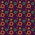 Vector seamless pattern of colorful circles isolated on violet background.