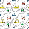 Vector seamless pattern with colorful cute cars on a doodle-style white background