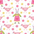 Vector seamless pattern with colorful decorative hens and bunny girls.