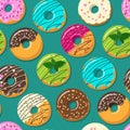 Vector seamless pattern with colorful donuts with glaze.