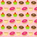 Vector seamless pattern with colorful donuts, muffins and tescup