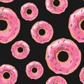 Vector seamless pattern with colorful glaze and sprinkles donuts. Background fresh and yummy donuts illustration. Royalty Free Stock Photo