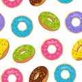 Vector seamless pattern with colorful glazed donuts. Sweet bakery with sprinkles on white background