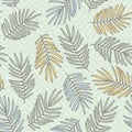 Hand-drawn colorful palm leaves with green background. Seamless pattern.