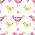 Vector seamless pattern with colorful hens, baby chickens and chamomile flowers. Royalty Free Stock Photo