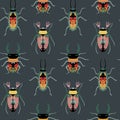 Vector seamless pattern with colorful insects, beetle, bug and hand drawn abstract texture.