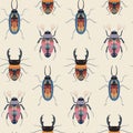Vector seamless pattern with colorful insects, beetle, bug and hand drawn abstract texture.
