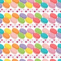 Vector seamless pattern with colorful macaroon cookies, french biscuits, hearts