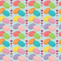 Vector seamless pattern with colorful macaroon cookies, french biscuits, hearts