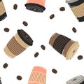 Vector seamless pattern with colorful paper cups of coffee and coffee beans Royalty Free Stock Photo