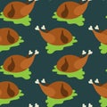 Vector seamless pattern of colorful roasted turkey on salad dish on turquoise