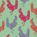 Vector seamless pattern with colorful rooster silhouettes on a green background. Royalty Free Stock Photo