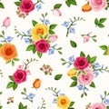 Vector seamless pattern with colorful roses and freesia flowers. Royalty Free Stock Photo