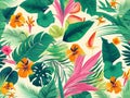 Seamless summer background with coconut leaves, banana leaves, monstera and hibiscus flowers. on a light background