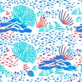 Vector seamless pattern of colorful underwater ocean coral reef plants, corals and anemones. Royalty Free Stock Photo