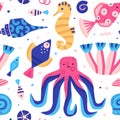 Vector seamless pattern with colorful underwater world. Cute hand-drawn fish. Marine life. Repeating background Royalty Free Stock Photo