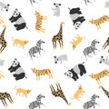 Vector seamless pattern coloring tropical funny animals with tiger, panda, cat and zebra hand drawn design on white background.