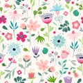 Vector Seamless pattern with colourful cute flowers and plants