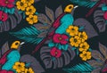 Vector seamless pattern with compositions of hand drawn tropical flowers and exotic birds Royalty Free Stock Photo