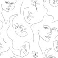 Vector seamless pattern. Continuous line art with woman face, leaves. Linear nature background. Use for package