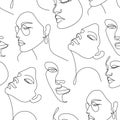 Vector seamless pattern. Continuous line art with woman faces. Linear background. Use for package, cosmetics, decor