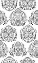 Vector seamless pattern with contour Easter eggs with a folk pattern and floral ornaments. Outline texture with festive treat