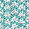 Vector seamless pattern with contour leaves and red berries of Ilex or European Holly on the turquoise background.