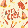 Vector seamless pattern with cooking utensils. LetÃ¢â¬â¢s cook. Hand-drawn cute background in vintage style. Kitchen appliance Royalty Free Stock Photo