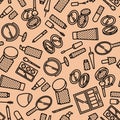 Vector seamless pattern of cosmetics elements with flat line icons on beige background Royalty Free Stock Photo