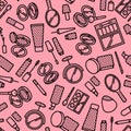 Vector seamless pattern of cosmetics elements with flat line icons on pink background Royalty Free Stock Photo