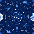 Vector seamless pattern of cosmic underwater life. Space blue background with sea animals such as fish, seashells Royalty Free Stock Photo