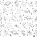 Vector seamless pattern with cosmonauts, satelites, rockets, planets, moon, falling stars and UFO contours. Cosmic background for Royalty Free Stock Photo