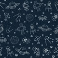 Vector seamless pattern with cosmonauts, satelites, rockets, planets, moon, falling stars and UFO contours in sketch style. Royalty Free Stock Photo