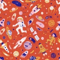 Vector seamless pattern with cosmonauts, satelites, rockets, planets, moon and falling stars in doodle style Royalty Free Stock Photo