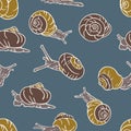 Vector seamless pattern with crawling snails on blue background.