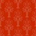 Vector seamless pattern with crayfishes or lobsters silhouette in white color on red background